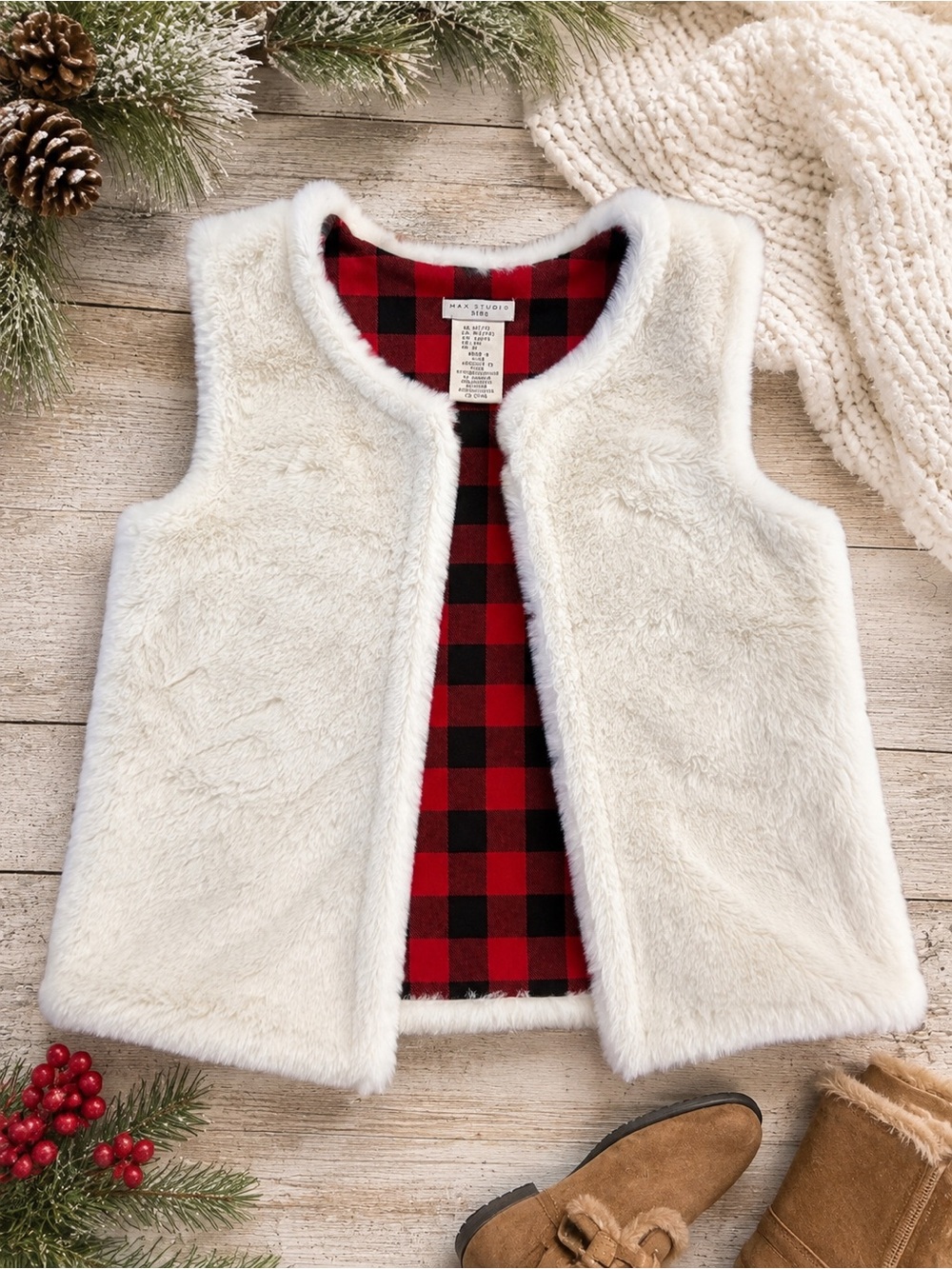 Max Studio Cream Faux Fur Vest with Red Buffalo Plaid Lining - Kids